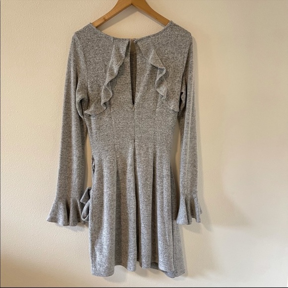 Lulu’s Favorite Tune Heather Grey Faux Wrap Sweater Dress Bell Sleeve Gray-M - Picture 6 of 11
